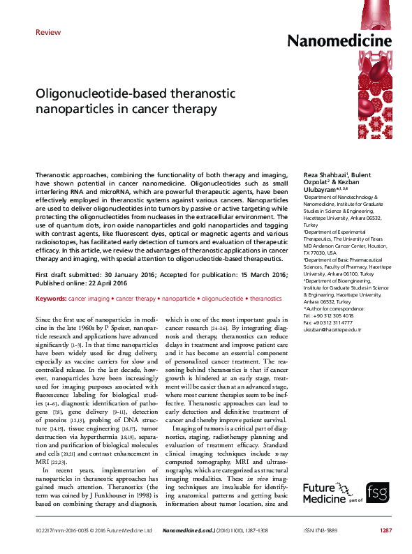 (PDF) Oligonucleotide-based theranostic nanoparticles in cancer therapy