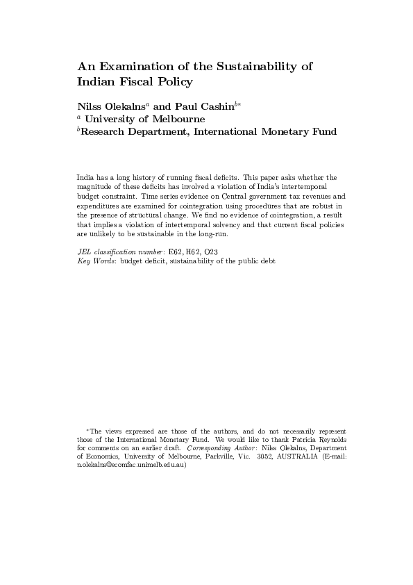 (PDF) An Examination of the Sustainability of Indian Fiscal Policy