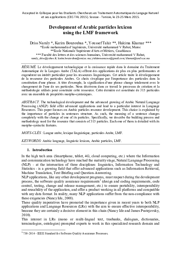 (PDF) Development of Arabic particles lexicon using the LMF framework