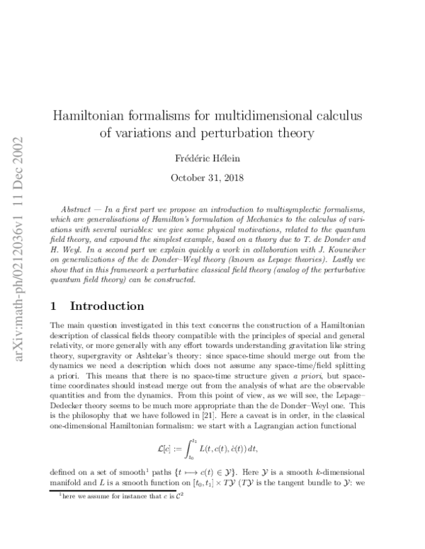 (PDF) Hamiltonian formalisms for multidimensional calculus of ...