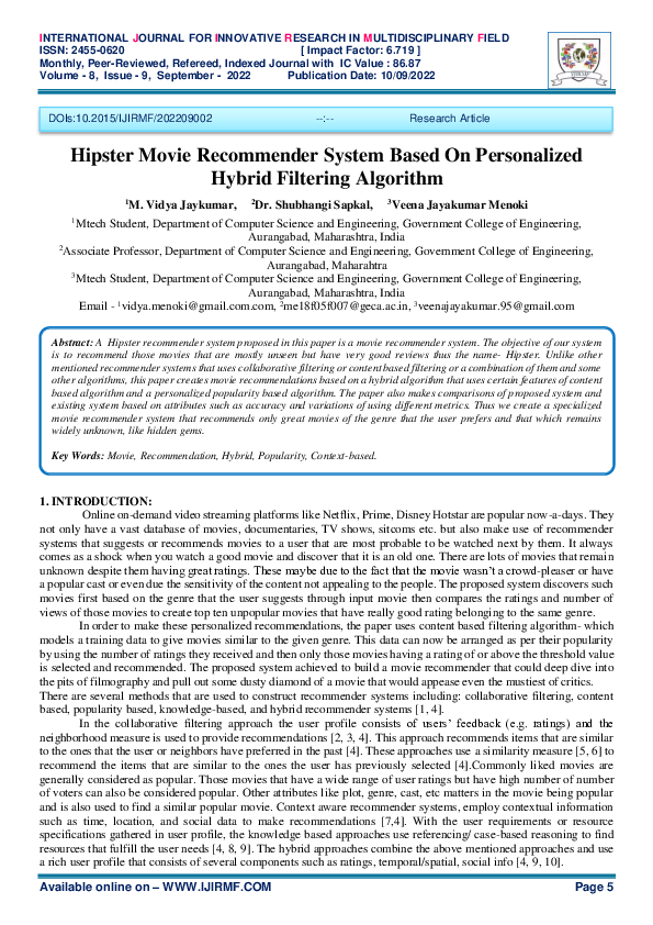 (PDF) Hipster Movie Recommender System Based on Personalized Hybrid ...