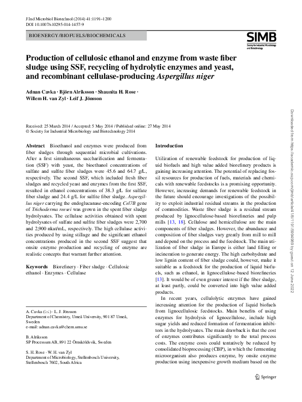 (PDF) Production of cellulosic ethanol and enzyme from waste fiber ...