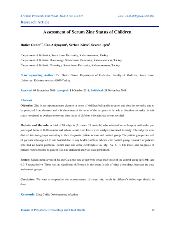 (PDF) Assessment of Serum Zinc Status of Children