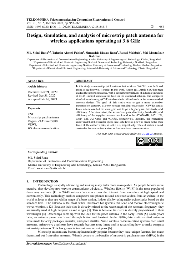 (PDF) Design, simulation, and analysis of microstrip patch antenna for