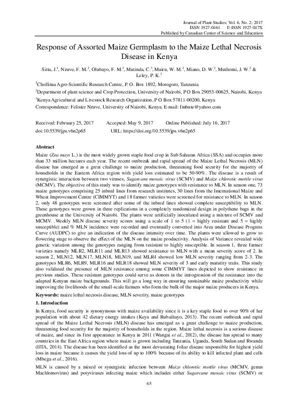 (PDF) Response of Assorted Maize Germplasm to the Maize Lethal Necrosis ...