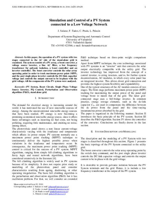 (PDF) Simulation and Control of a PV System connected to a Low Voltage ...