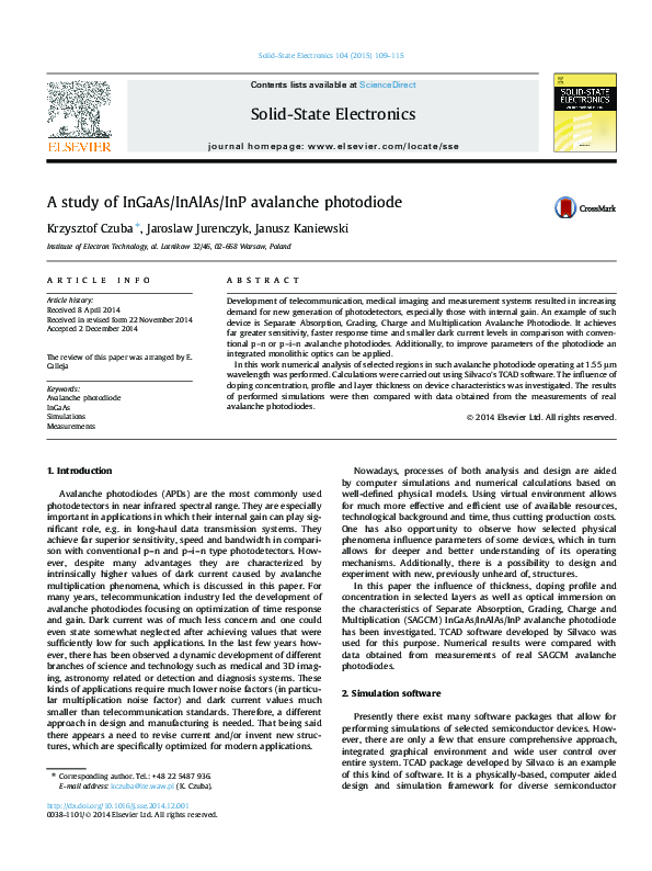 (PDF) A study of InGaAs/InAlAs/InP avalanche photodiode