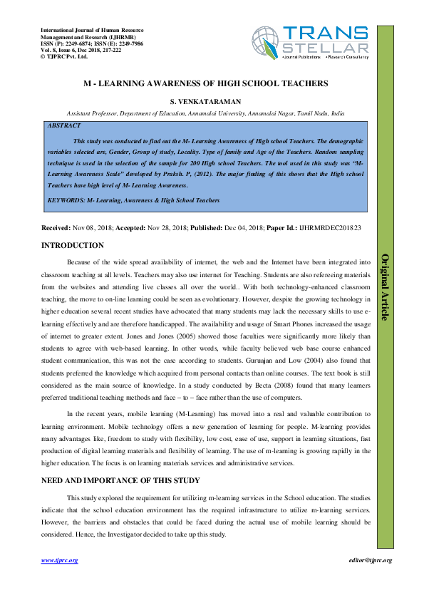 (PDF) M- Learning Awareness of High School Teachers