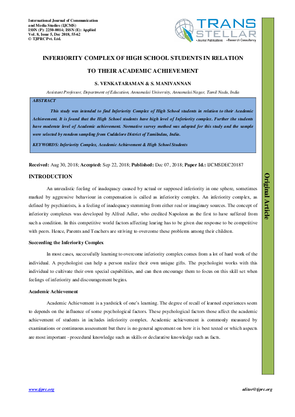 (PDF) Inferiority Complex of High School Students in Relation to their ...