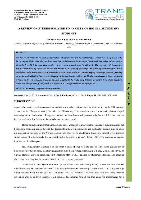 (PDF) A Review on Studies Related to Anxiety of Higher Secondary Students