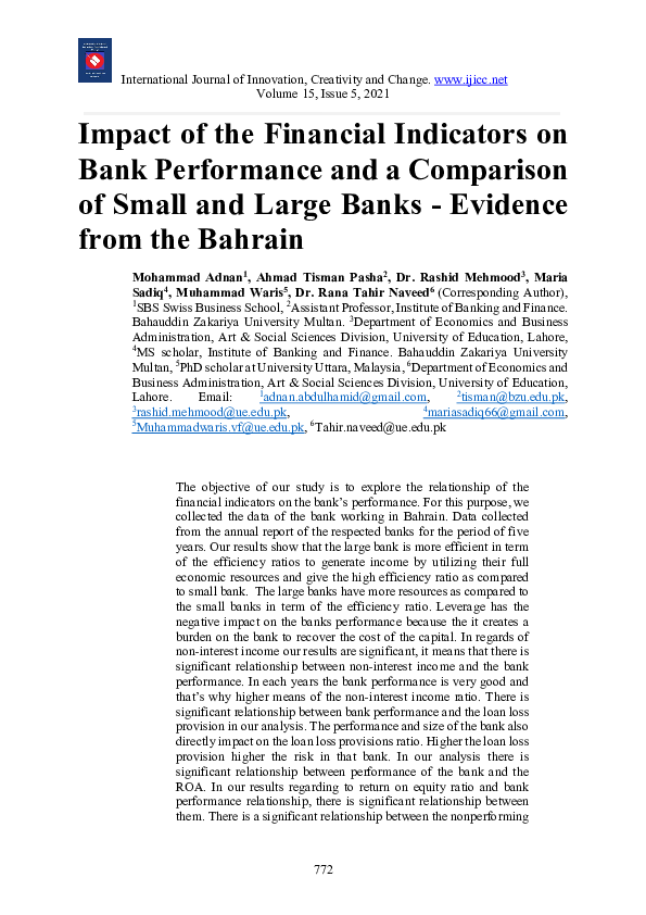 (PDF) Impact of the Financial Indicators on Bank Performance and a ...