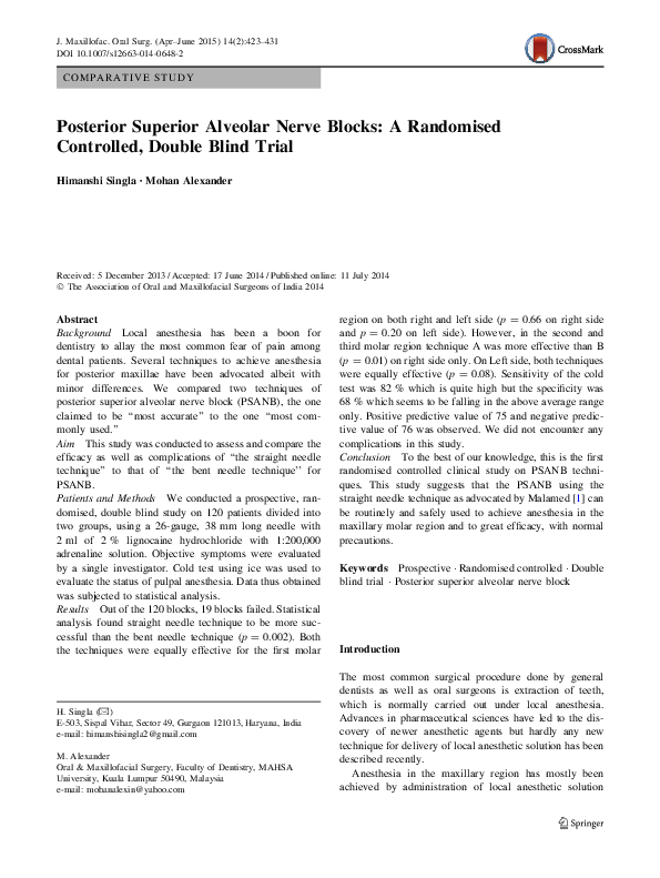 (PDF) Posterior Superior Alveolar Nerve Blocks A Randomised Controlled