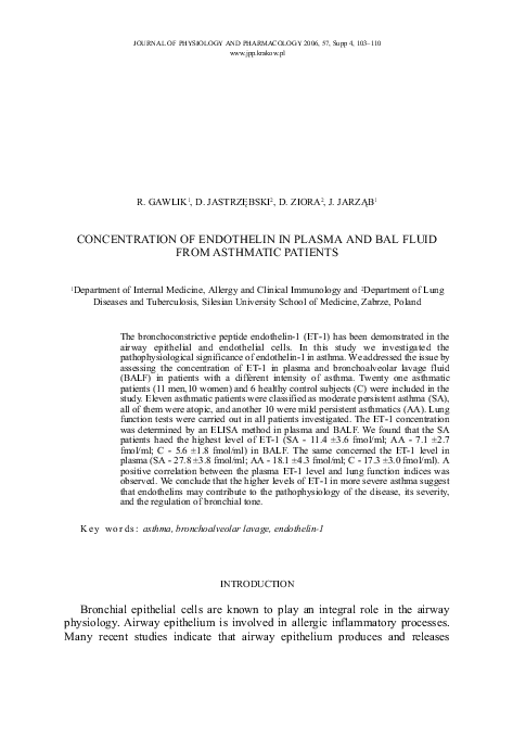 (PDF) Concentration of endothelin in plasma and BALF fluid from ...