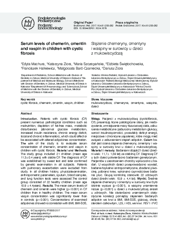 (PDF) Serum levels of chemerin, omentin and vaspin in children with ...