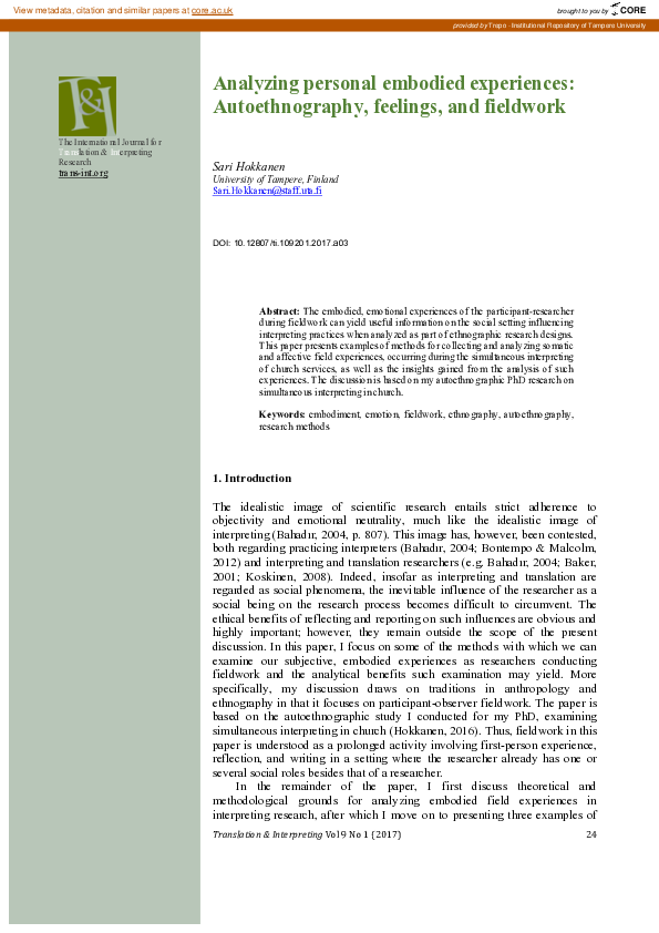 (PDF) Analyzing personal embodied experiences: Autoethnography ...