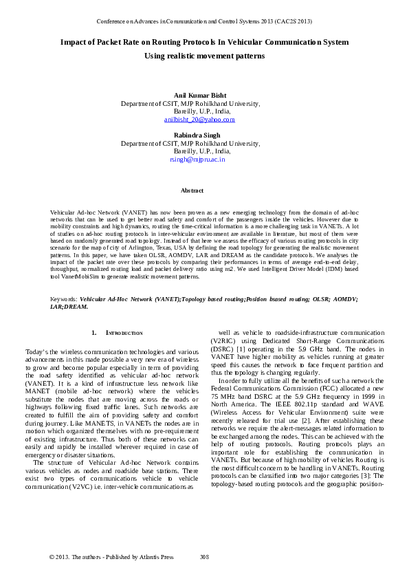 (PDF) Impact of Packet Rate on Routing Protocols In Vehicular ...