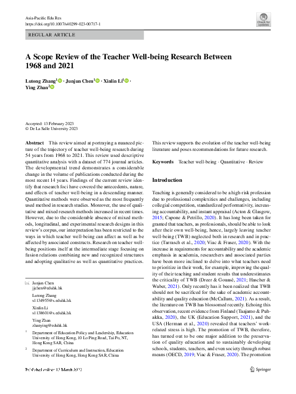 (PDF) A Scope Review of the Teacher Well-being Research Between 1968 ...