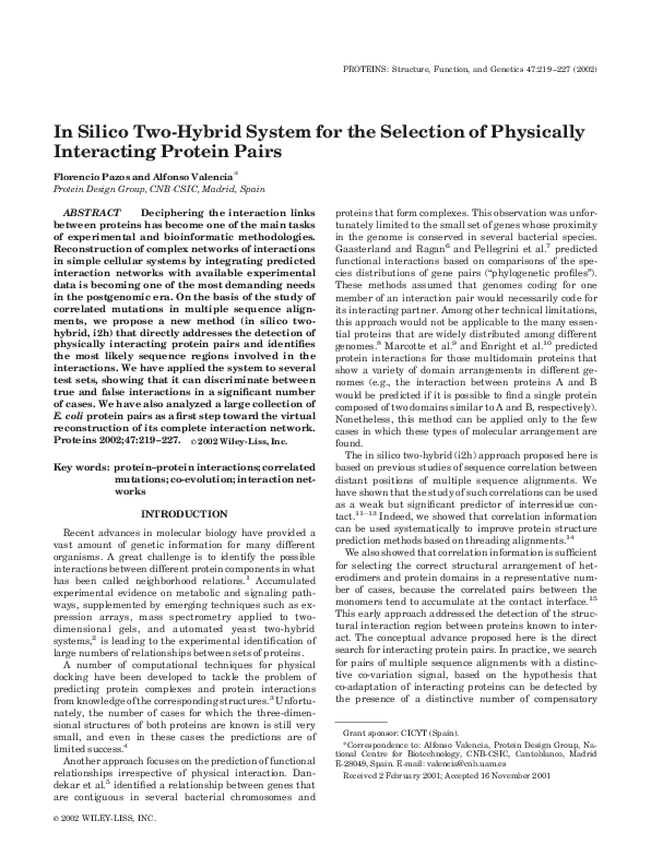 (PDF) In silico two-hybrid system for the selection of physically ...