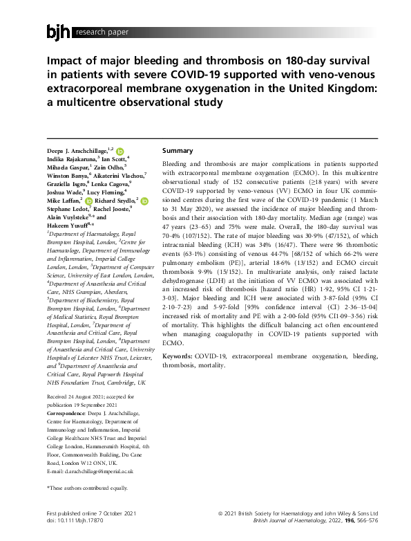 (PDF) Impact of major bleeding and thrombosis on 180‐day survival in ...