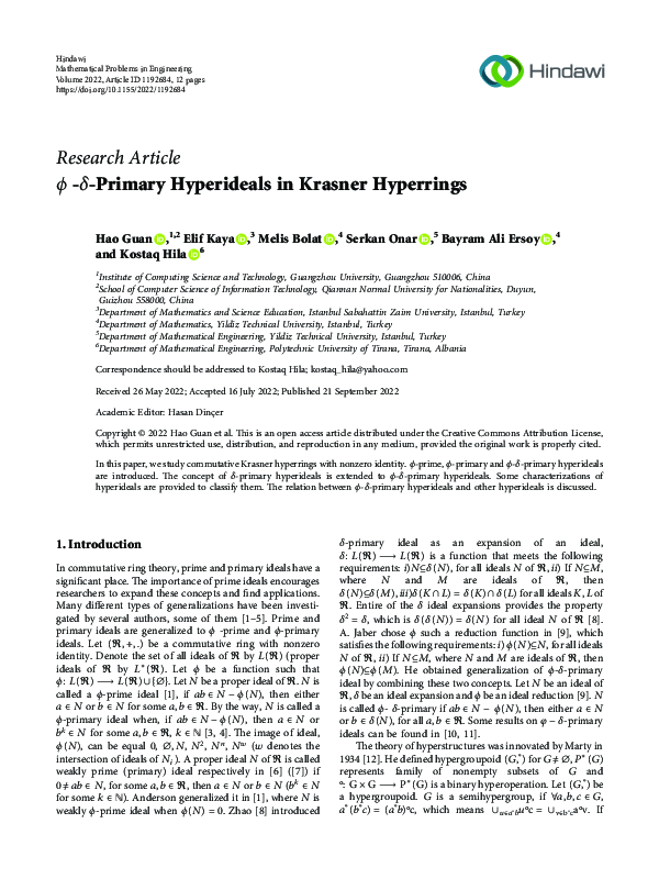(PDF) ϕ - δ -Primary Hyperideals in Krasner Hyperrings