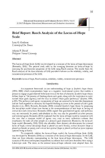 (PDF) Brief Report: Rasch Analysis of the Locus-of-Hope Scale
