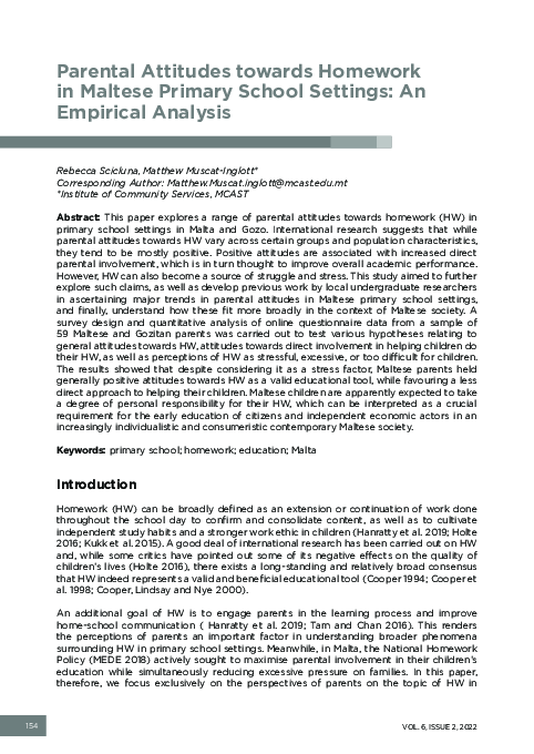 (PDF) Parental Attitudes Towards Homework in Maltese Primary School ...