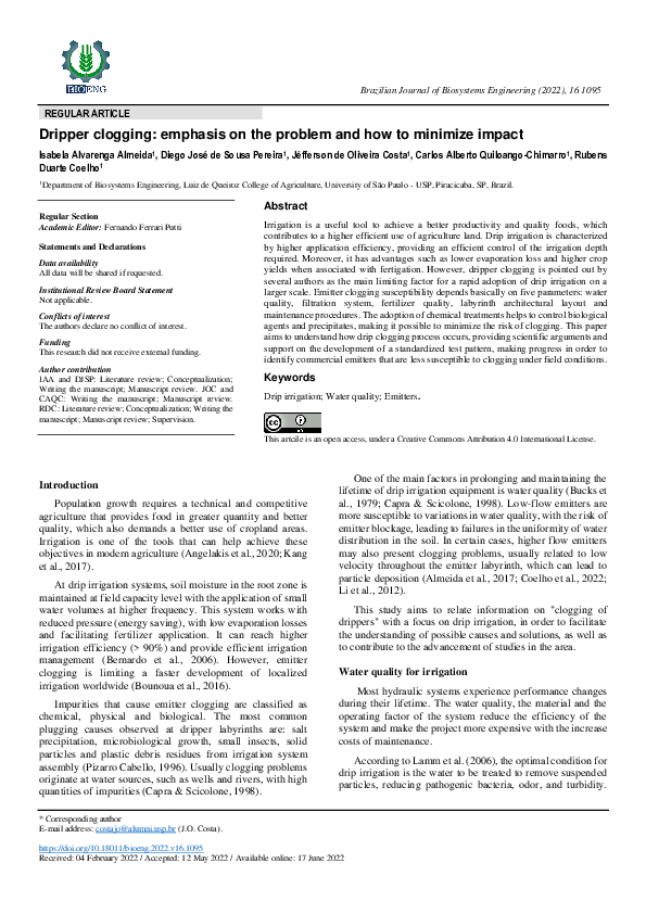 (PDF) Dripper clogging: emphasis on the problem and how to minimize impact