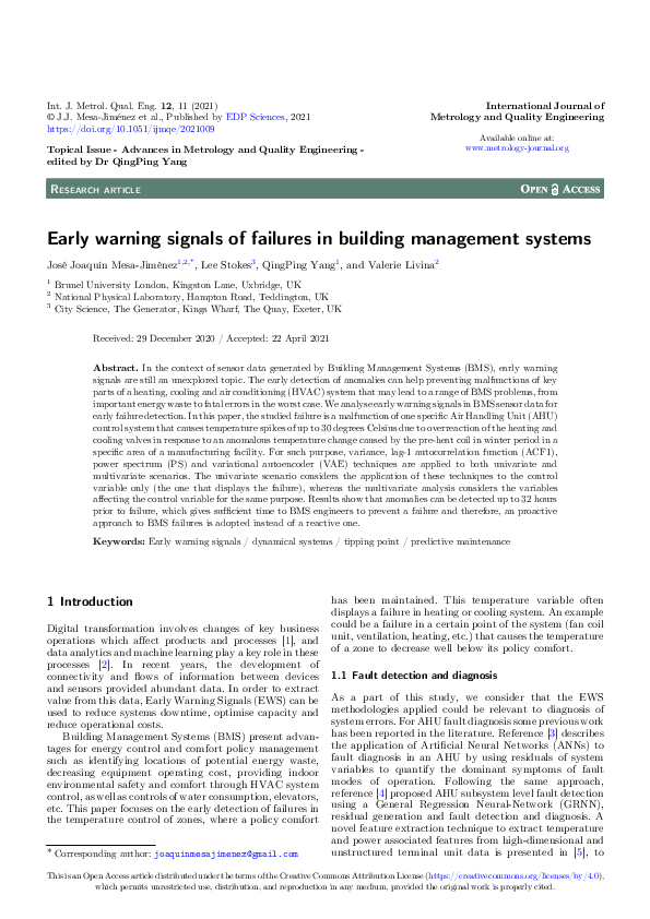 (PDF) Early warning signals of failures in building management systems
