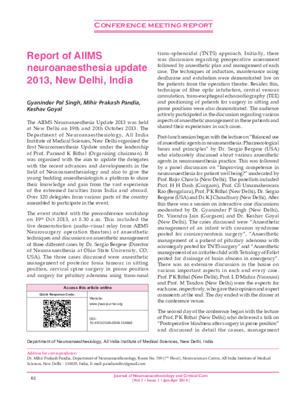 (PDF) Report of AIIMS neuroanaesthesia update 2013, New Delhi, India