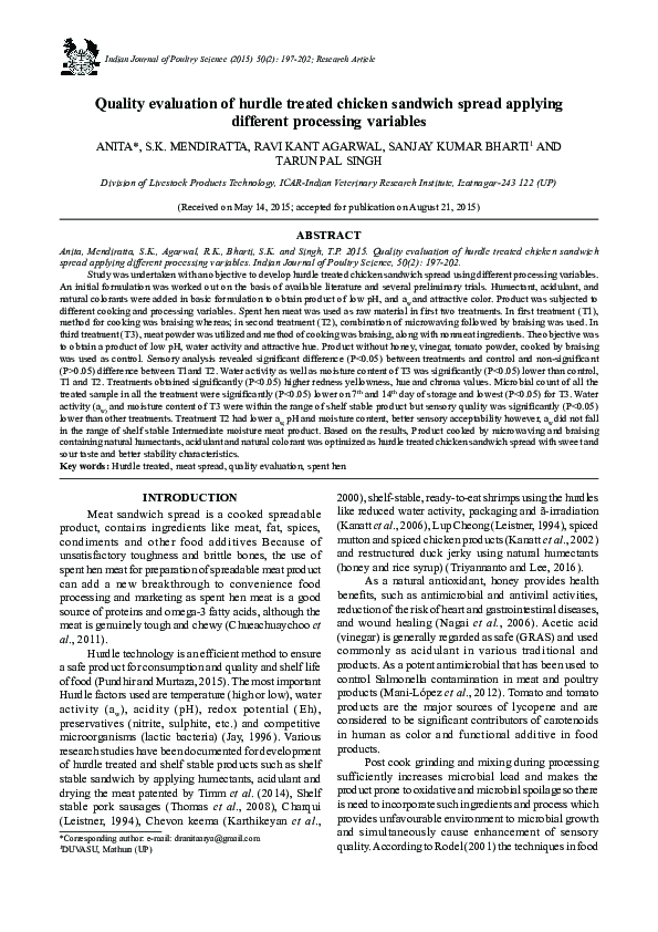 Curated visual reference: Pdf Quality Evaluation Of Hurdle Treated Chicken Sandwich Spread Photo Inspiration
