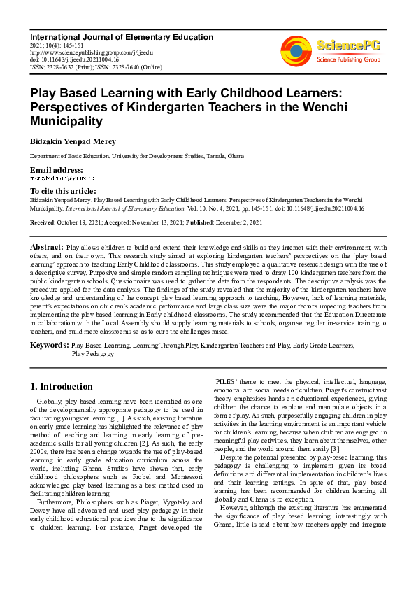 (PDF) Play Based Learning with Early childhood Learners: Perspectives ...