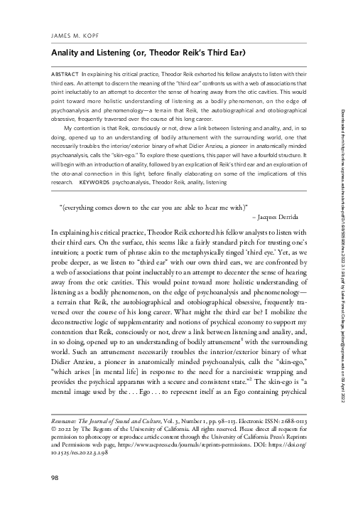 (PDF) Anality and Listening (or, Theodor Reik’s Third Ear)