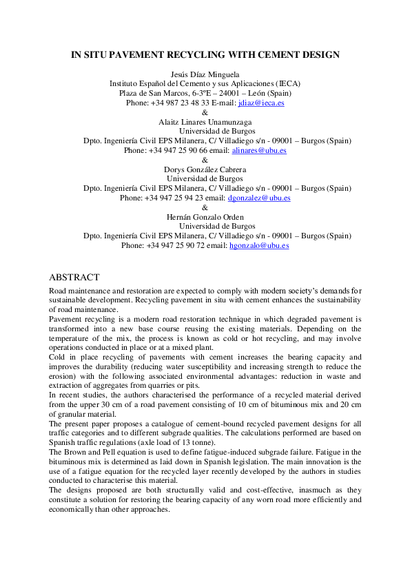 (PDF) In situ pavement recycling with cement design
