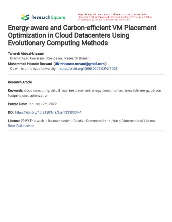 (PDF) Energy-aware and carbon-efficient VM placement optimization in ...