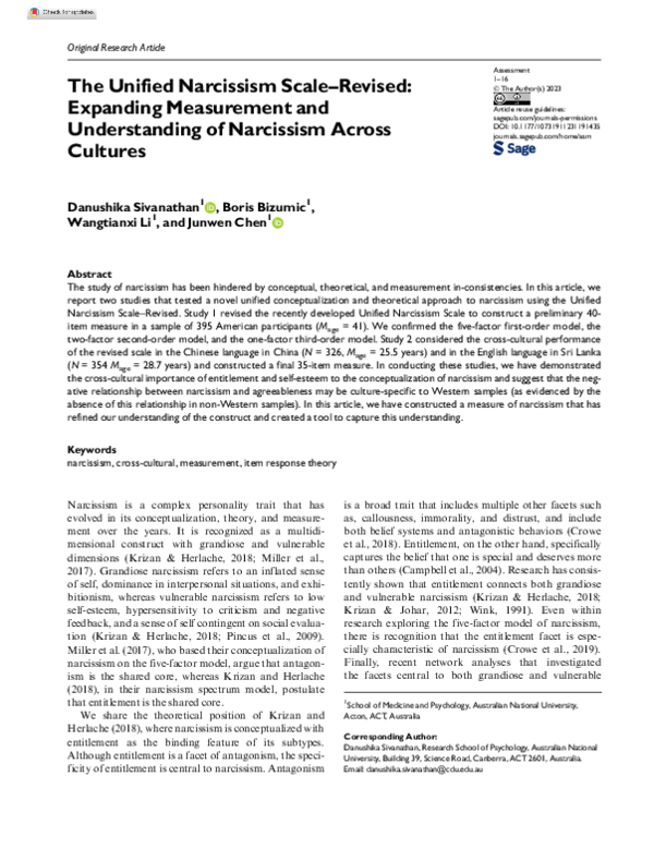 (PDF) The Unified Narcissism Scale-Revised: Expanding Measurement and ...