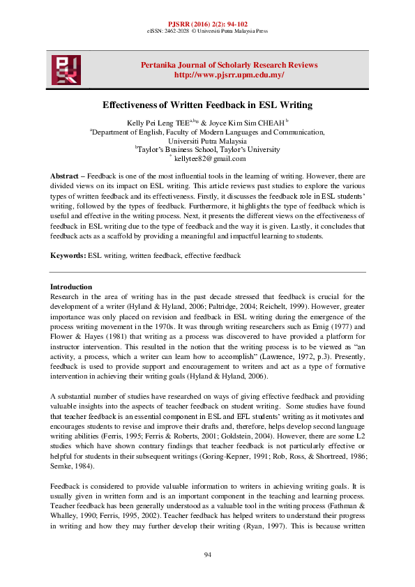 (PDF) Effectiveness of Written Feedback in ESL Writing