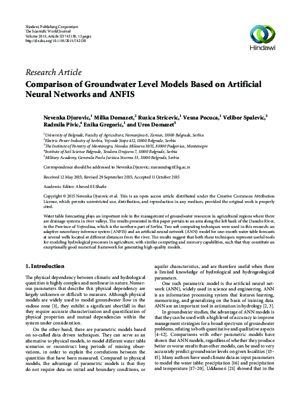 (PDF) Comparison of Groundwater Level Models Based on Artificial Neural ...
