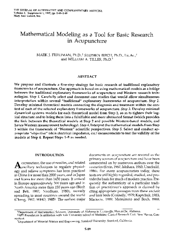 (PDF) Mathematical Modeling as a Tool for Basic Research in Acupuncture