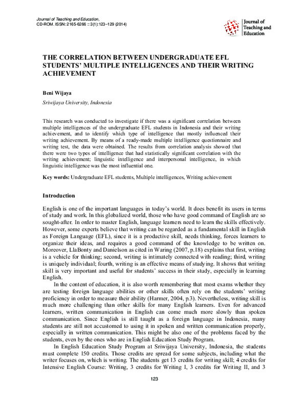 (PDF) The Correlation between Undergraduate EFL Students' Multiple ...