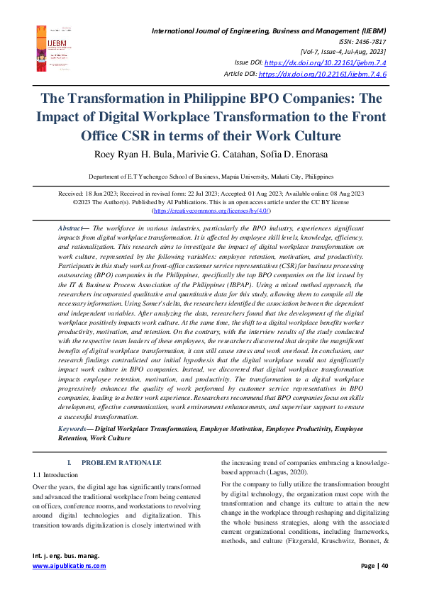 (PDF) The Transformation in Philippine BPO Companies: The Impact of ...