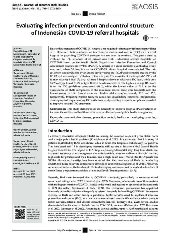 (PDF) Evaluating infection prevention and control structure of ...