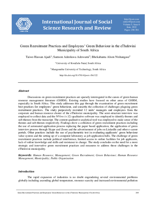 (PDF) Green Recruitment Practices and Employees’ Green Behaviour in the ...