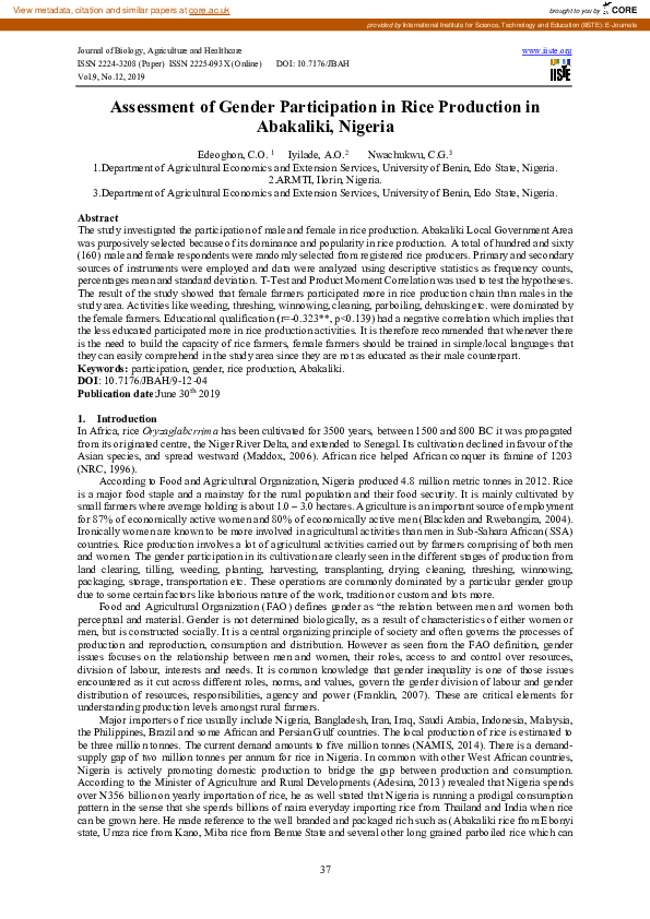 (PDF) Assessment of Gender Participation in Rice Production in ...