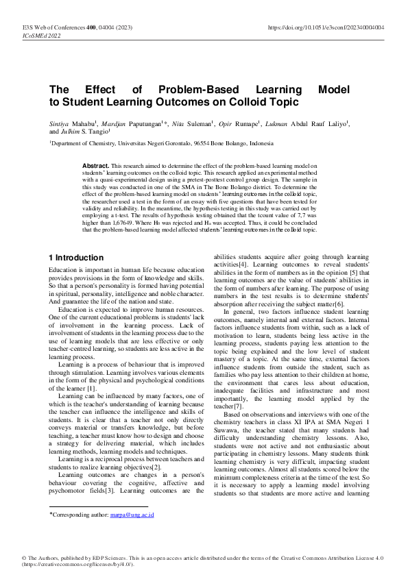 (PDF) The Effect of Problem-Based Learning Model to Student Learning ...
