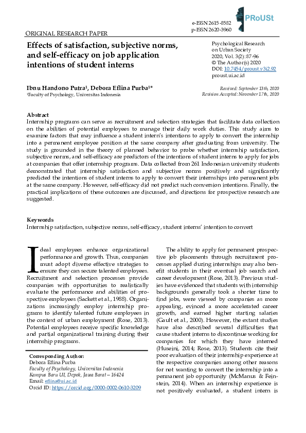 (PDF) Effects of Internship Satisfaction, Subjective Norms, and Self ...