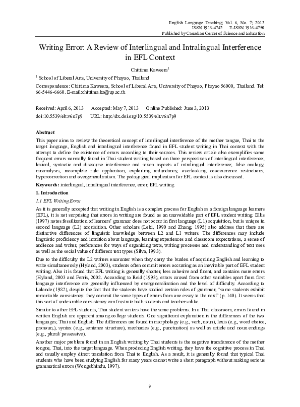(PDF) Writing Error: A Review of Interlingual and Intralingual ...