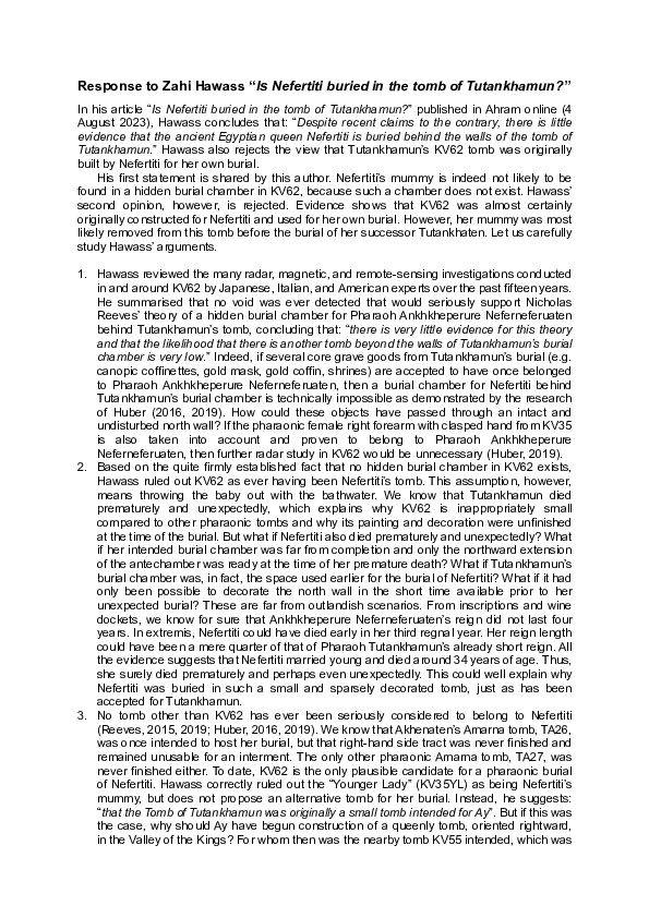 Response to Zahi Hawass "Is Nefertiti buried in the tomb of Tutankhamun?"