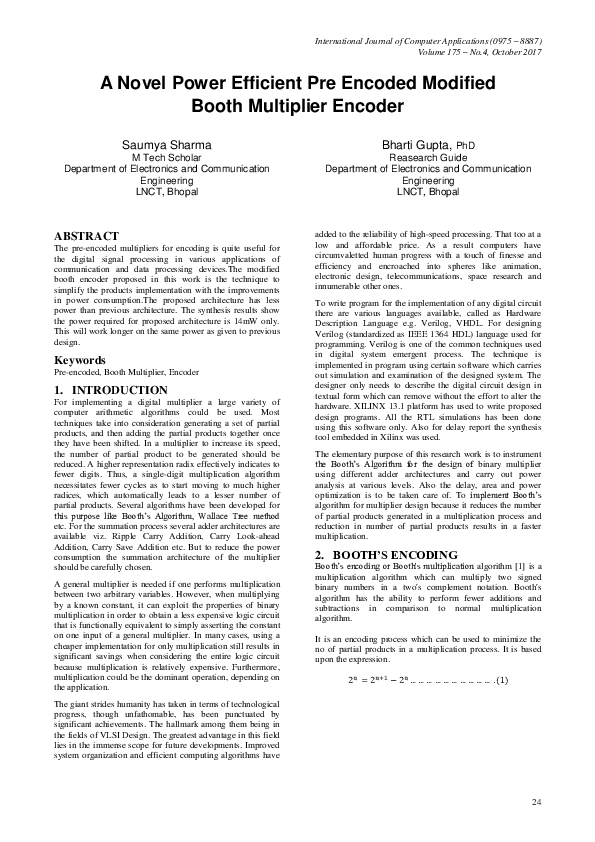 (PDF) A Novel Power Efficient Pre Encoded Modified Booth Multiplier Encoder
