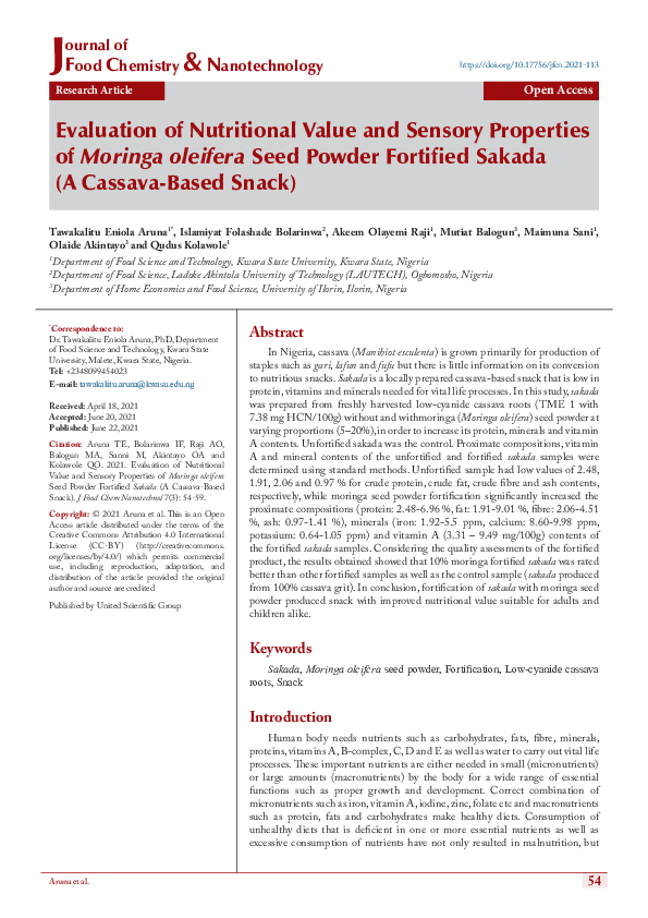 (PDF) Evaluation of Nutritional Value and Sensory Properties of Moringa ...