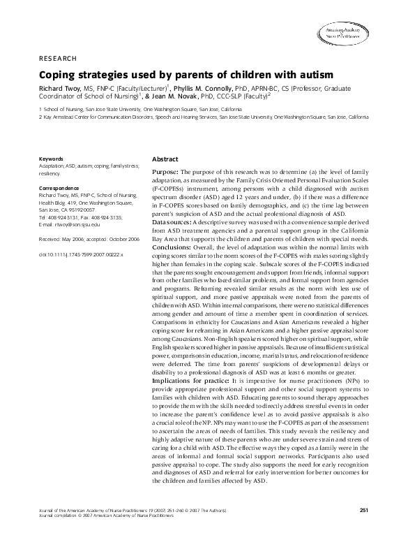 (PDF) Coping strategies used by parents of children with autism